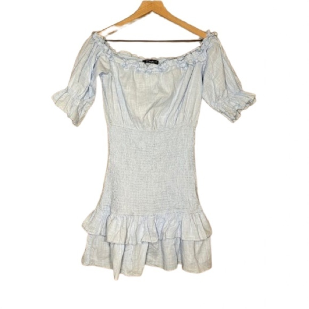 Women's M Simplee Smock Mini Dress Off the Shoulder Puff Sleeves Ruffles